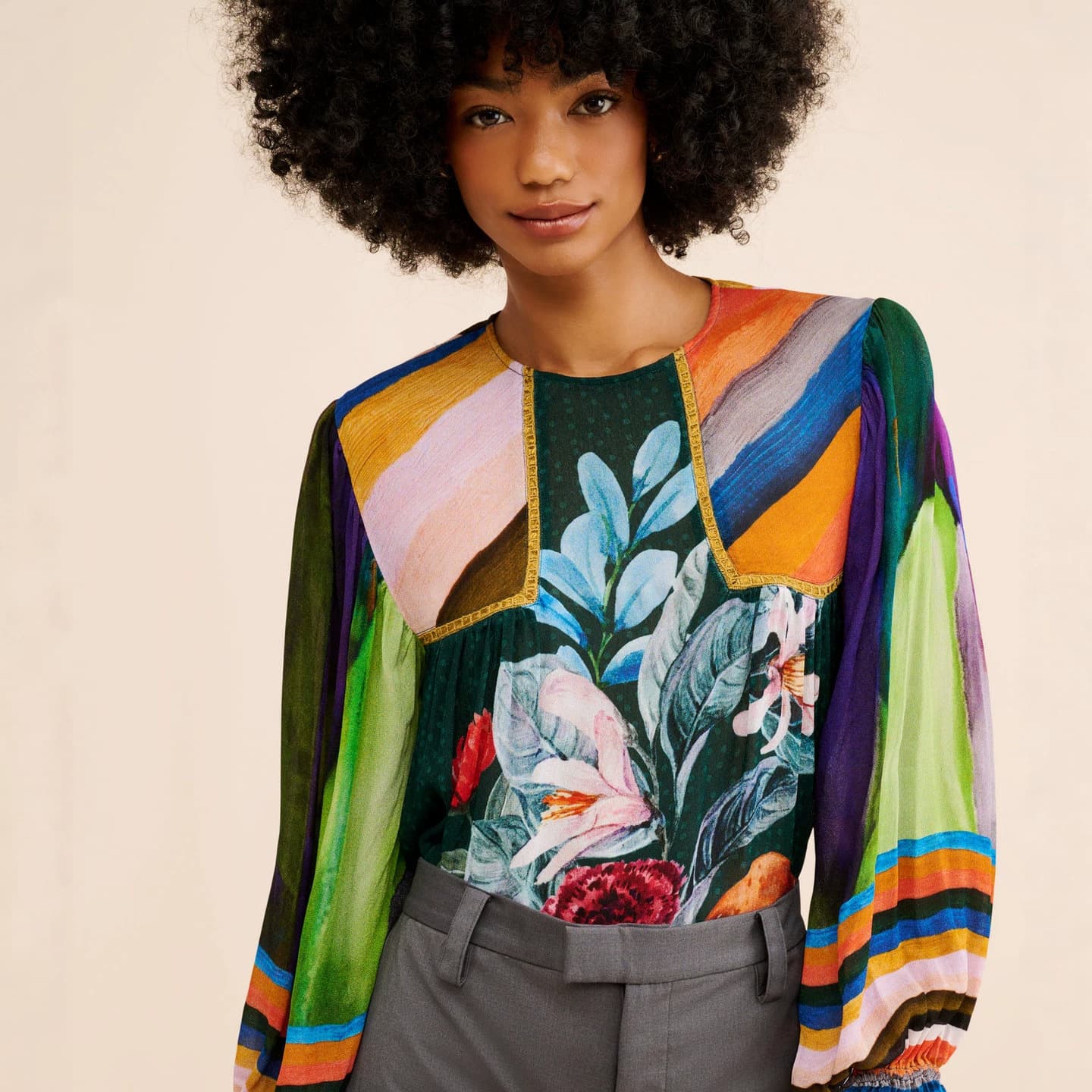 European and American Cross-Border Hot-Selling Contrast Color Floral Patchwork Long-Sleeve Top Women Bubble Sleeve Lightweight Vacation Printed Chiffon Blouse