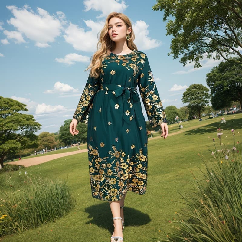 Amazon US new long-sleeved printed plus size dress cross-border long skirt 200 pounds can be worn