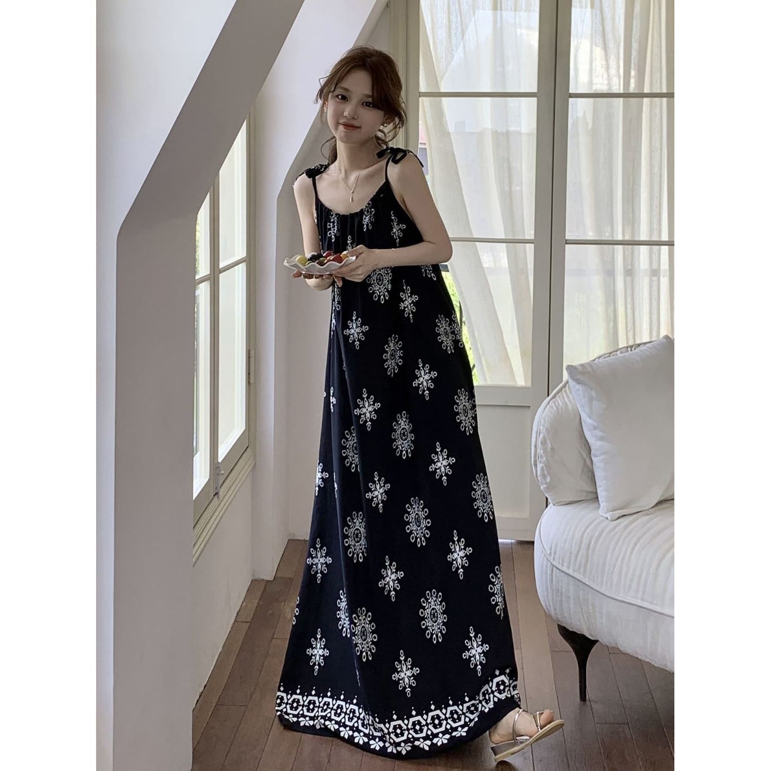 Slimming and Heightening Built-in Bra Camisole Long Dress for Women, Ankle-Length Cotton Silk Sleep Dress, Wearable Outdoors Summer Cool