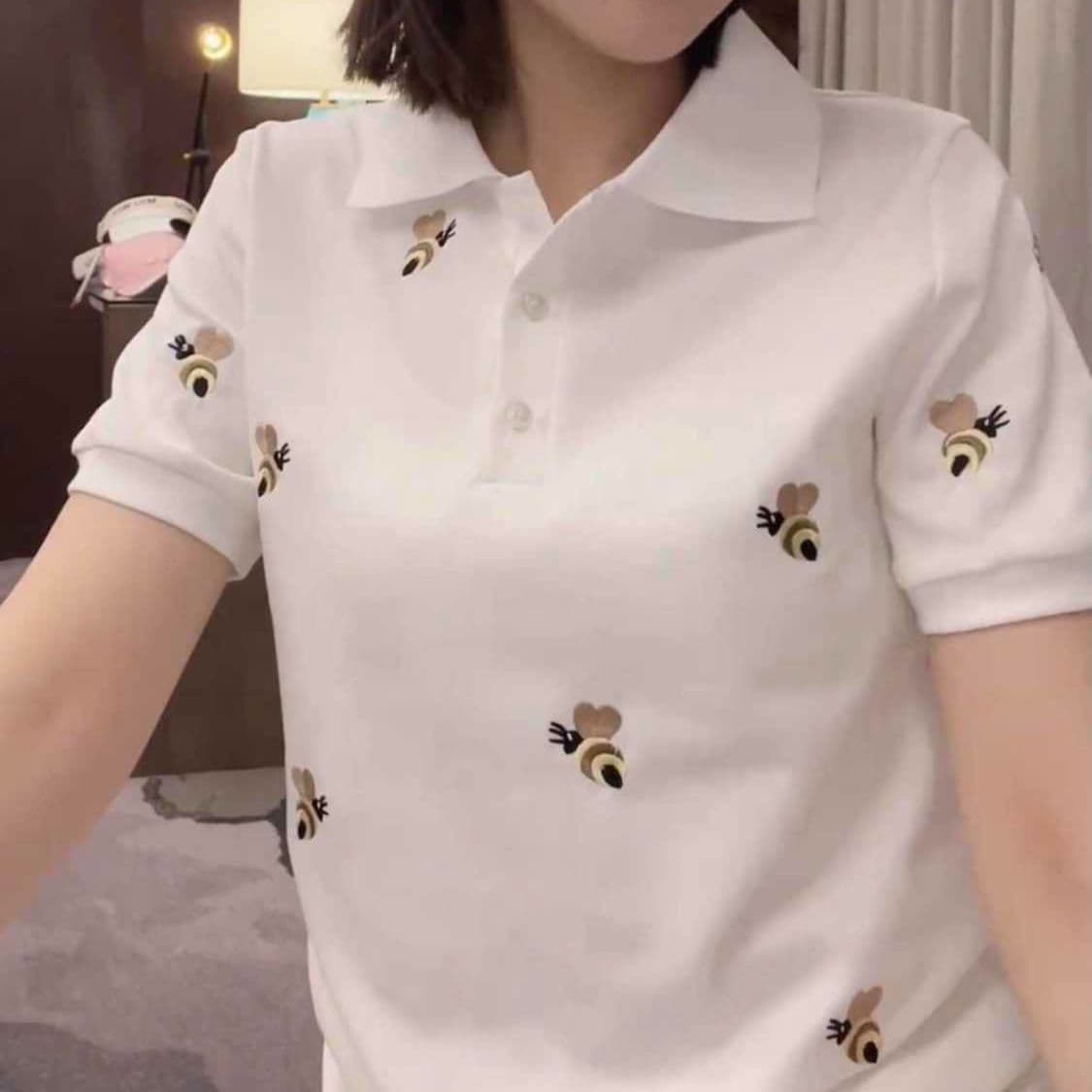 Plus-Size Bee Embroidery Turn-Down Collar Short-Sleeve T-Shirt for Women, Summer 2025 New Style, Loose Fit, Slimming Top, Trendy
