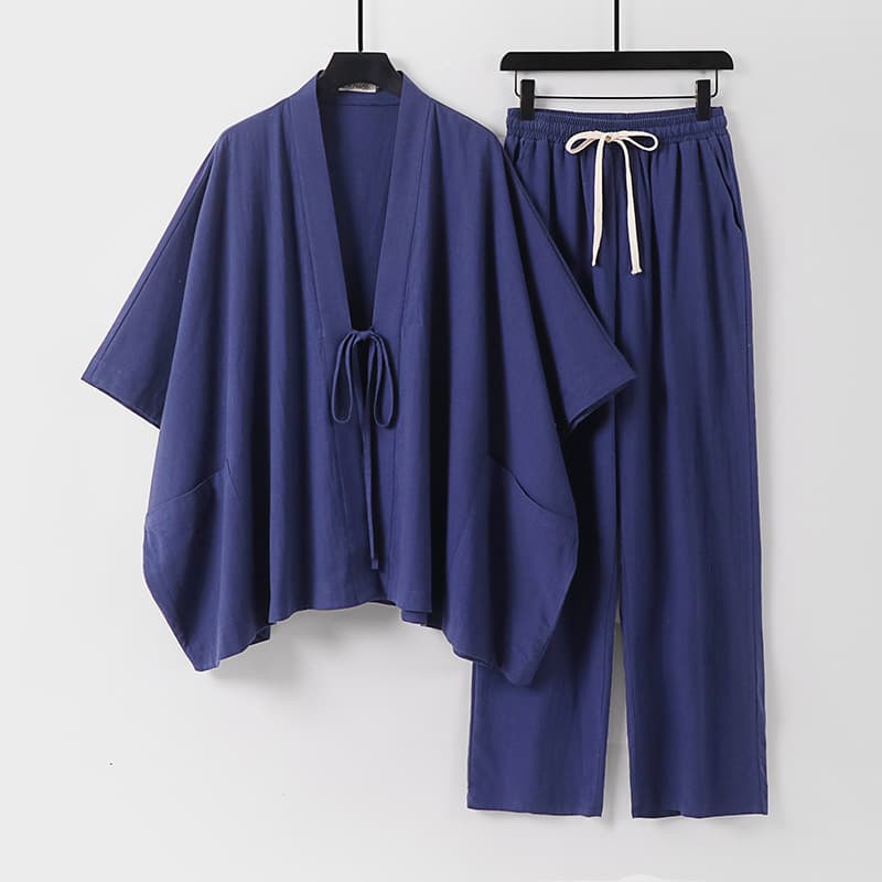 Cotton-Linen Linen Set for Men Summer Buddhist Robe Sleepwear Monk's Robe Tai Chi Suit Zen Layman's Clothing Men's