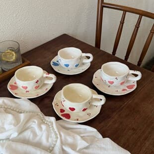 Cute Instagram Handmade Heart-Shaped Ceramic Coffee Cup and Saucer Set with Embossed Heart Design - Cross-Border