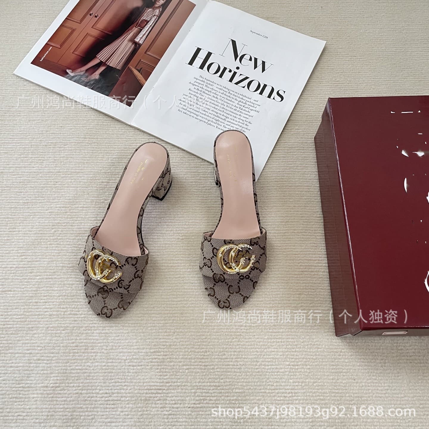G Embroidered Chunky Heel Slide Sandals 2025 Spring Summer Fashion Round Toe Double G Metal Buckle Leather Insole Women's Shoes