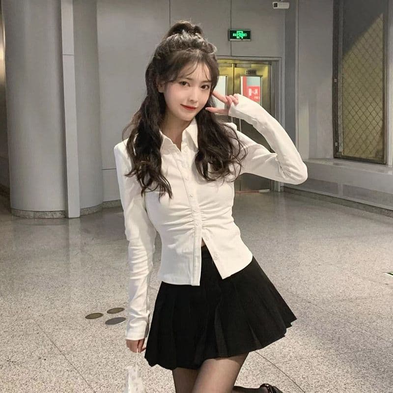 Pure Desire Waist-Cinching JK Shirt Women's Pleated Design Hot Girl Short Sleeve Top Versatile Slim-Fit Gray Shirt New Style