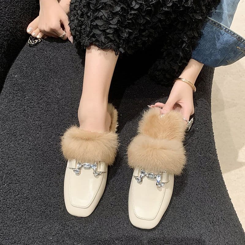 Baotou Mao Mao Half Slippers for Women Autumn Winter 2024 New Chunky Heel Fashion Lazy Mules Ins Style