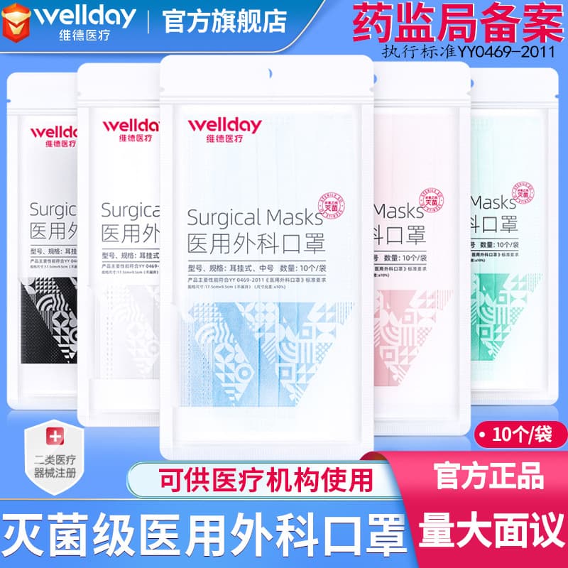 Wade Medical Surgical Masks Wholesale Manufacturer Sterile Grade Medical Device Registered Adult Three-Layer Disposable Masks 10-Pack