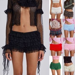Amazon European and American Sexy Beach Hot Shorts Ruffled Wave Solid Lolita Low Waist Skirt Shorts SU3658