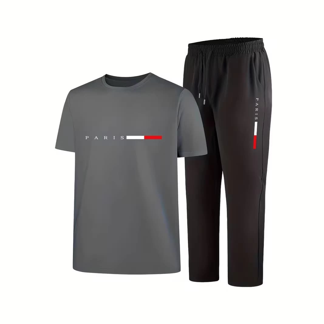 Cross-border EU Size Summer Ice Silk Quick-Dry Men's Casual Sports Printed Two-Piece Short Sleeve Set