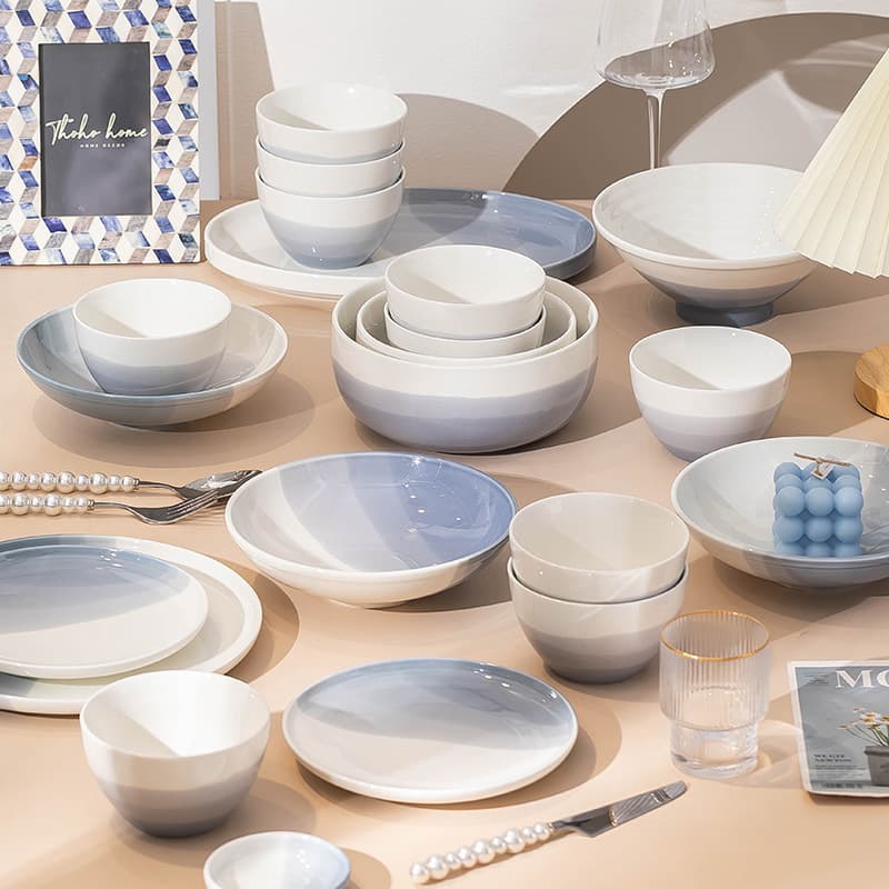 Nordic Bowl and Plate Set Home Layered Light Luxury Ceramic Bowls Plates Blue Tableware Housewarming Dinnerware Set