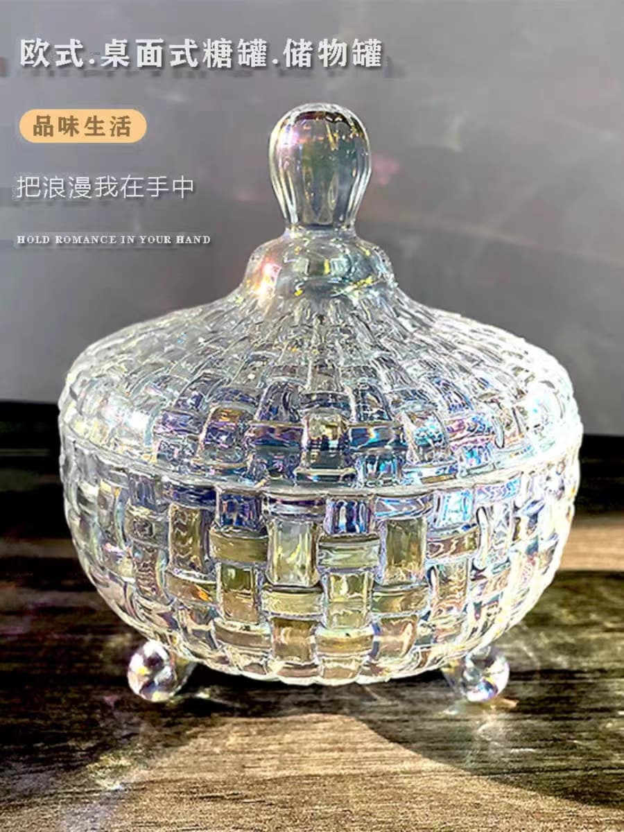 European Creative Crystal Glass Fruit Bowl, Lead-Free Candy and Nut Dish with Lid for Living Room