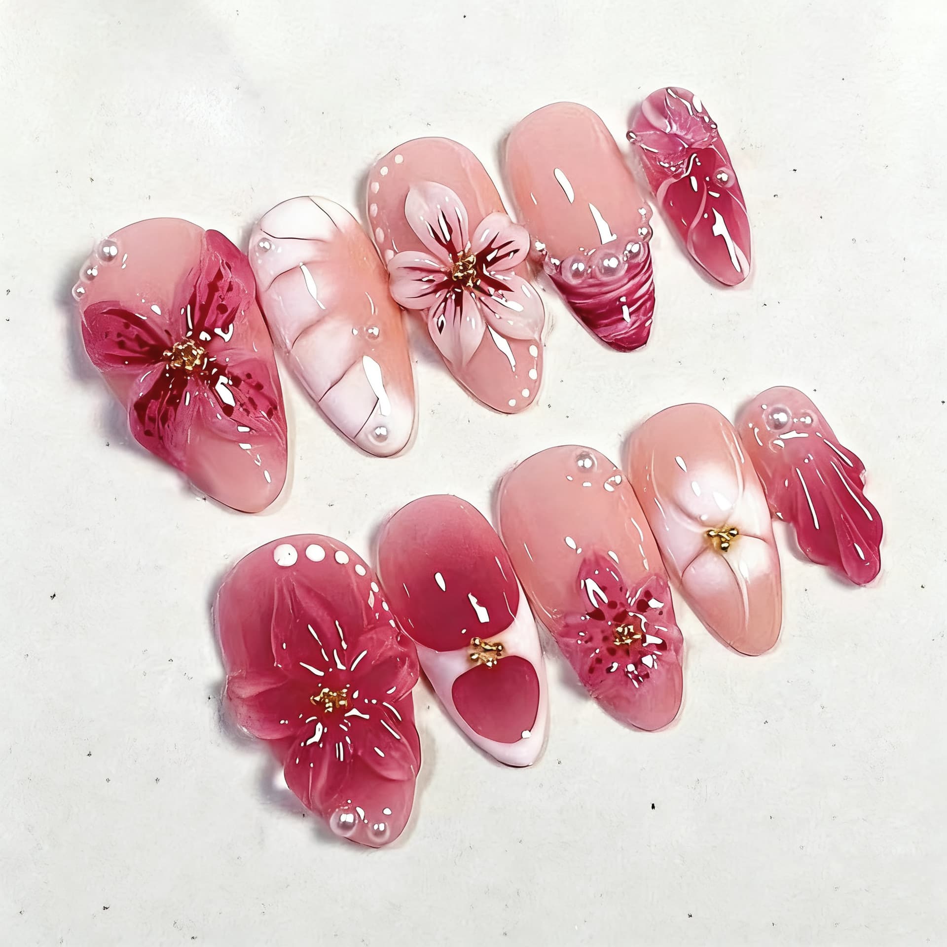 30 Pieces of Cross-Border Hot-Selling Exquisite Handmade Diamond Almond Wearable Nails 3D Stereo Cute Flowers Butterfly Pearl Manicure Pieces