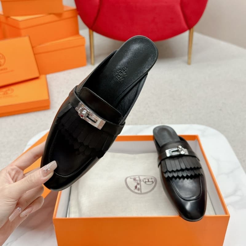 Trendy Brand 2025 Spring Celebrity Style Women's Fringe Closed-Toe Half Slippers Genuine Leather Flat Mules