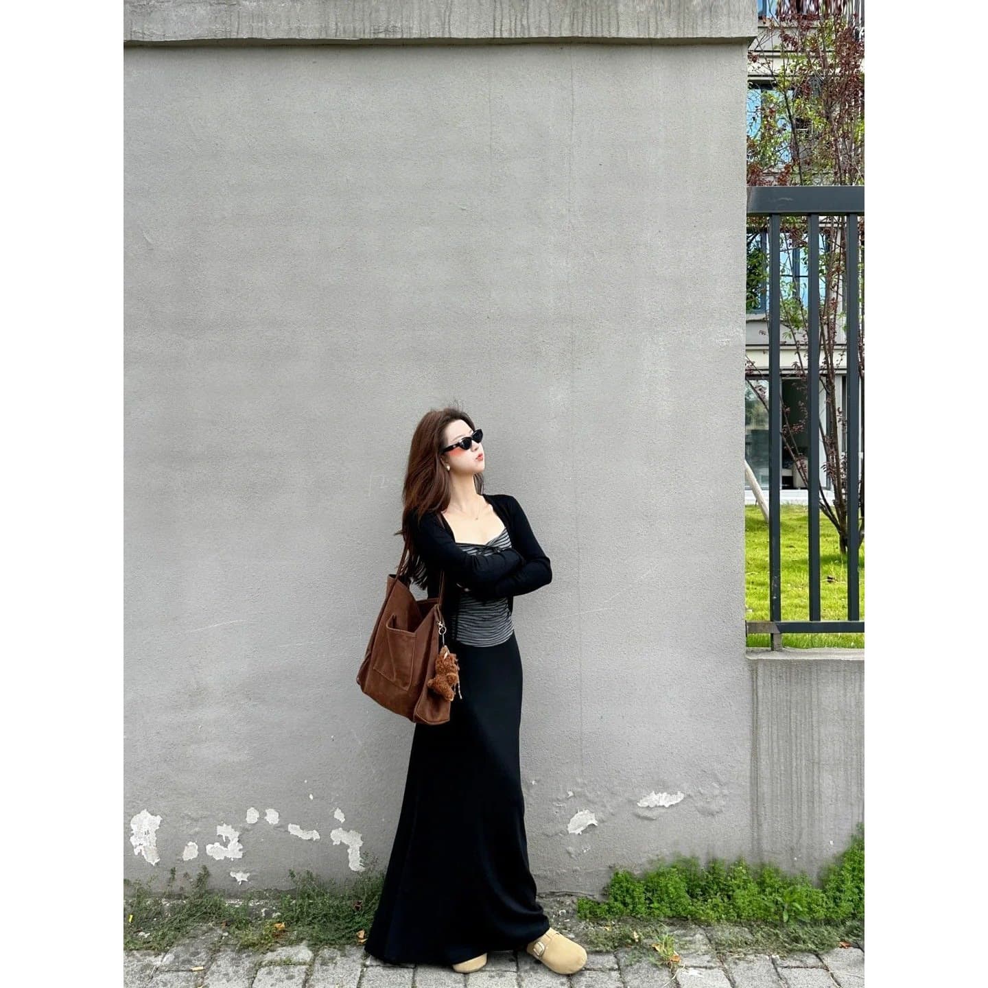 Plus Size New Spring/Fall Slimming Black Long-Sleeve Cardigan with Striped Camisole and Skirt Set for Women