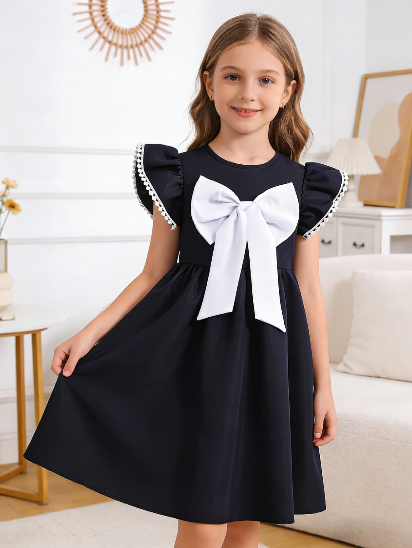 Girls Black Bubble Sleeve Big Bow Dress Summer New Children Lace Trim Simple Princess Dress Trendy