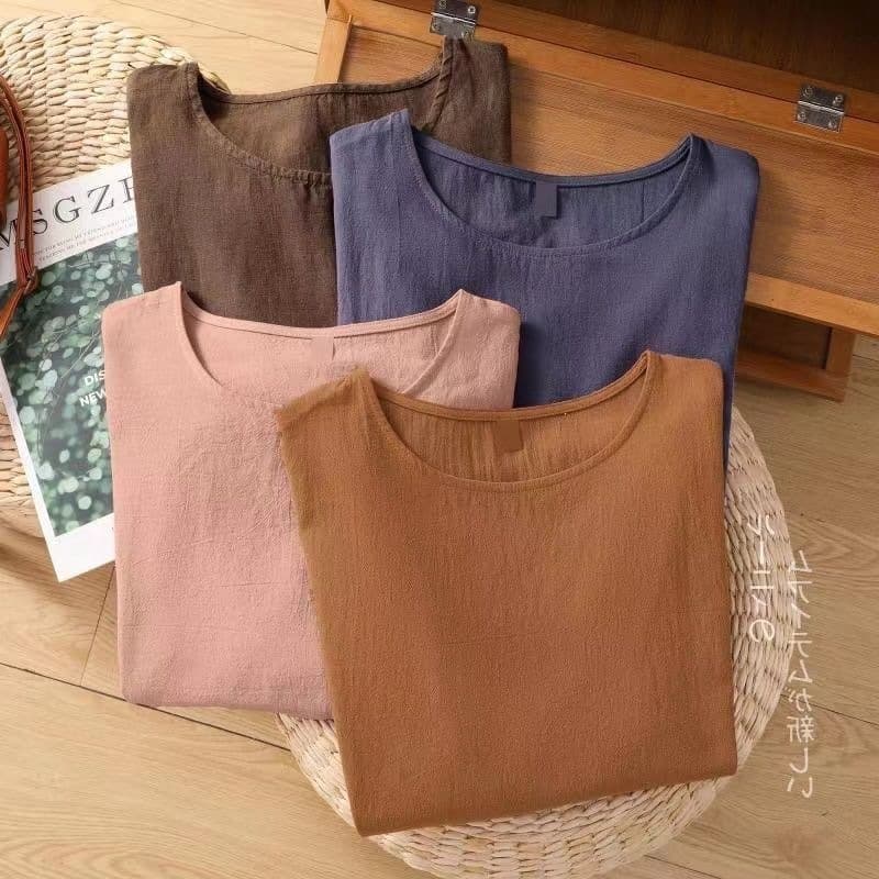 Cotton Linen T-Shirt for Women 2026 Summer New Korean Style Short Sleeve Loose Plus Size Blouse Top Fashion