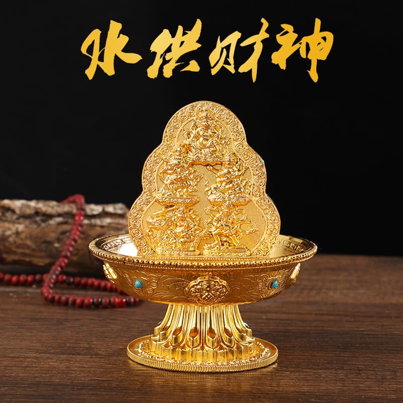 Water for the God of Wealth Buddha. Water for decorations in front of the Buddha. Yellow God of Wealth. Water God of Wealth. Five Gods of Wealth. Buddha statues.