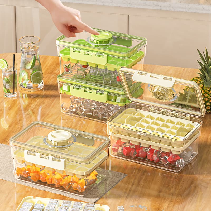 Household Ice Cube Tray, Large Ice Cube Press-Type Double-Layer Storage Ice Box, Food-Grade Ice Grid with Lid Mold, Quick-Freeze Ice Balls