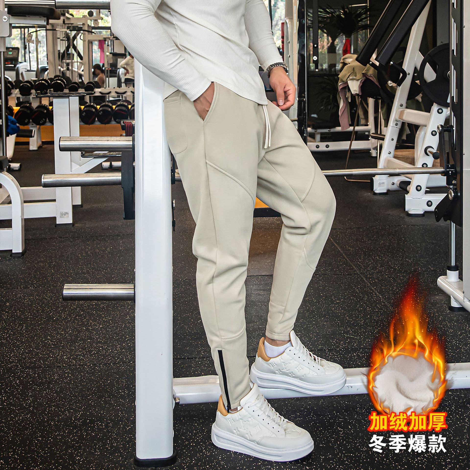 Fleece-Lined Thickened Sweatpants Sport Men Running Loose Autumn Winter American Fitness Long Pants Straight Leg Zipper Cuff Casual Pants