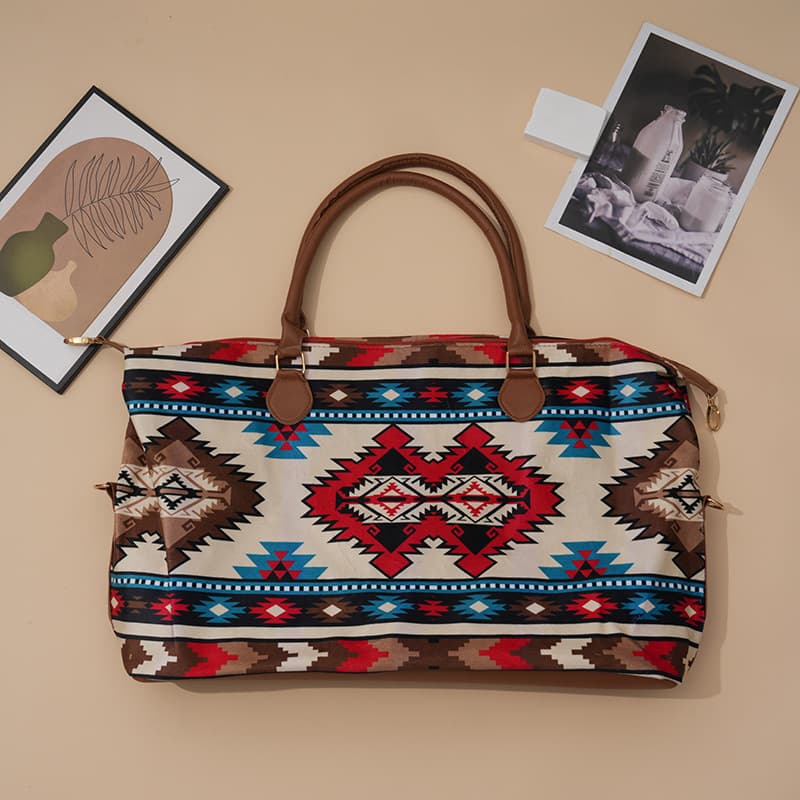 Cross-border ethnic style travel handbag overnight weekend bag shoulder bag European and American cow canvas bag expansion bag retro