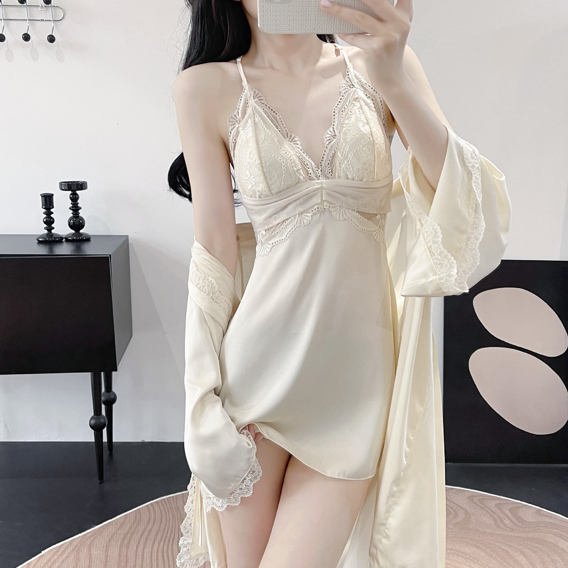 2026 New Live Streaming Women's Summer Ice Silk Camisole Nightgown Sexy Pure Desire Imitation Silk Pajamas Two-Piece Set