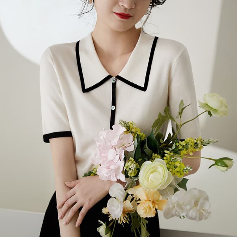 French Elegant Short Sleeve Polo Shirt for Women, Premium Summer Style, Little Chanel-Inspired Ice Silk Knit Top with Turn-Down Collar