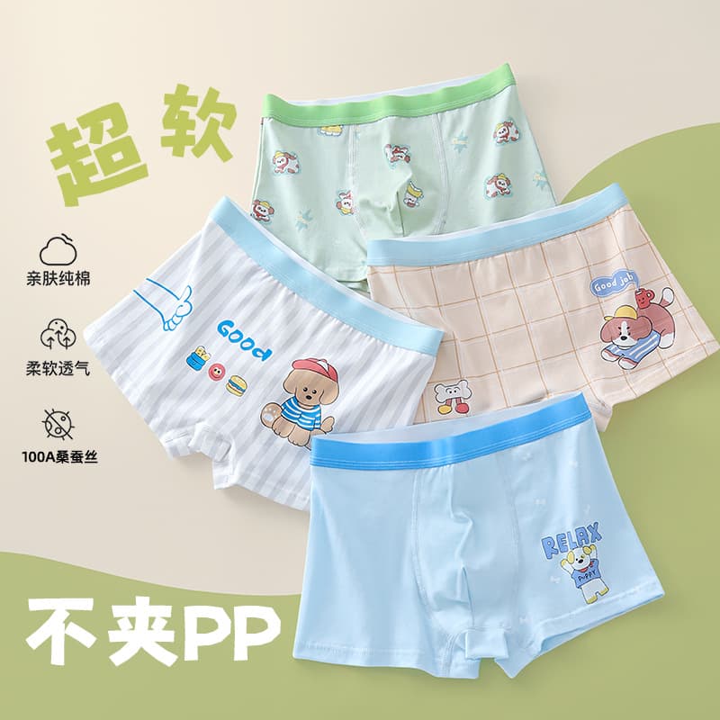Boys' Mulberry Silk Underwear, Growing Kids, 100A Antibacterial Cotton Flat Briefs for Toddlers & Big Kids