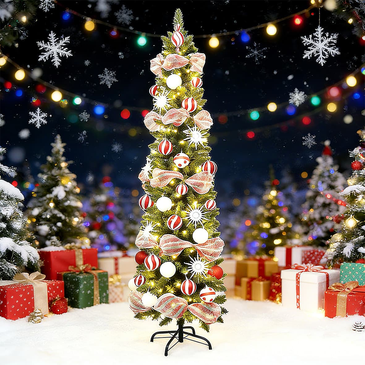 Christmas Tree New Style Glowing Pencil Tree Set with Lights, Foldable Artificial Simulation Christmas Tree