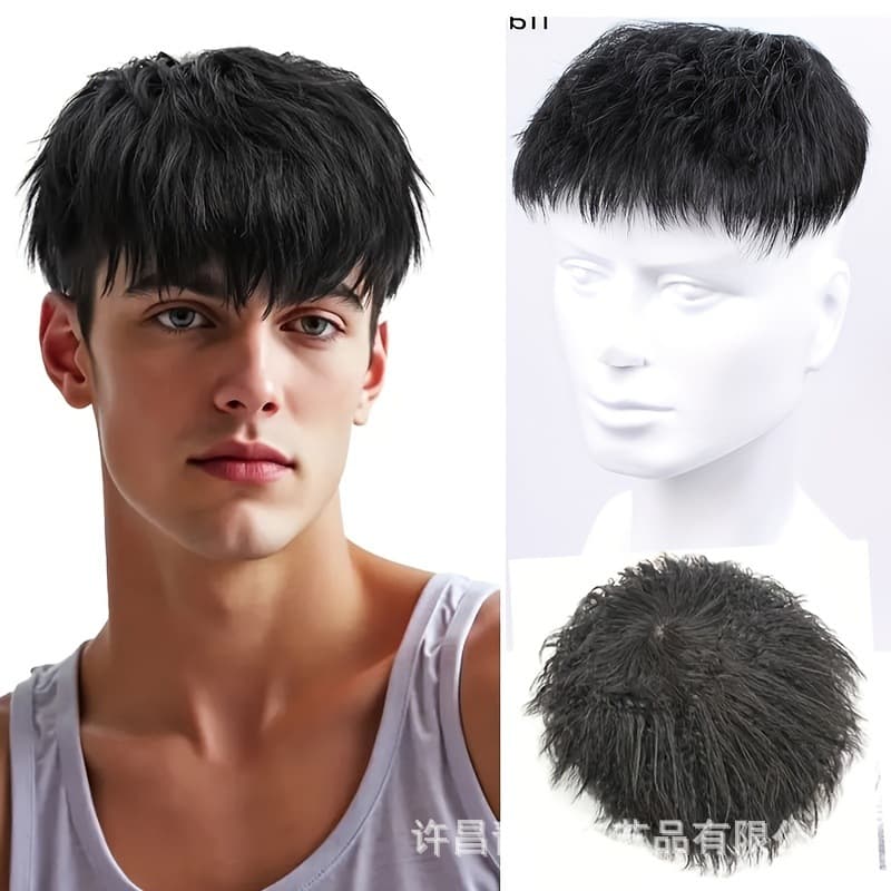 Real Hair Toupee Short Hair Men's Real Hair Stylish Slight Front Spikes Morgan Perm Top Hair Replacement Piece