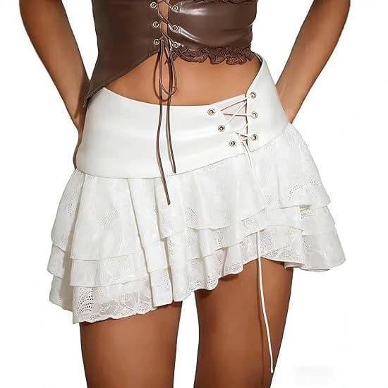 2026 New Women's Leather Mini Irregular Skirt Layered Y2K Lace Skirt with Drawstring Tie Short Skirt