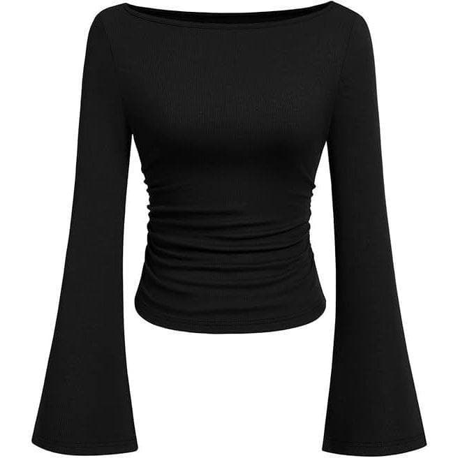 2026 Horse Year Spring New Arrival European and American Women's Flared Sleeve T-Shirt Long Sleeve Layering Top in Festive Wine Red