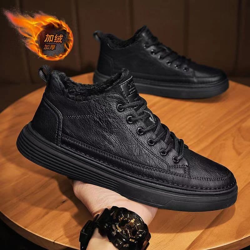 Men's Winter Fleece-Lined Shoes, Korean Fashionable All-Match Non-Slip Chef Shoes, Men's Warm Cotton-Padded Casual Leather Shoes