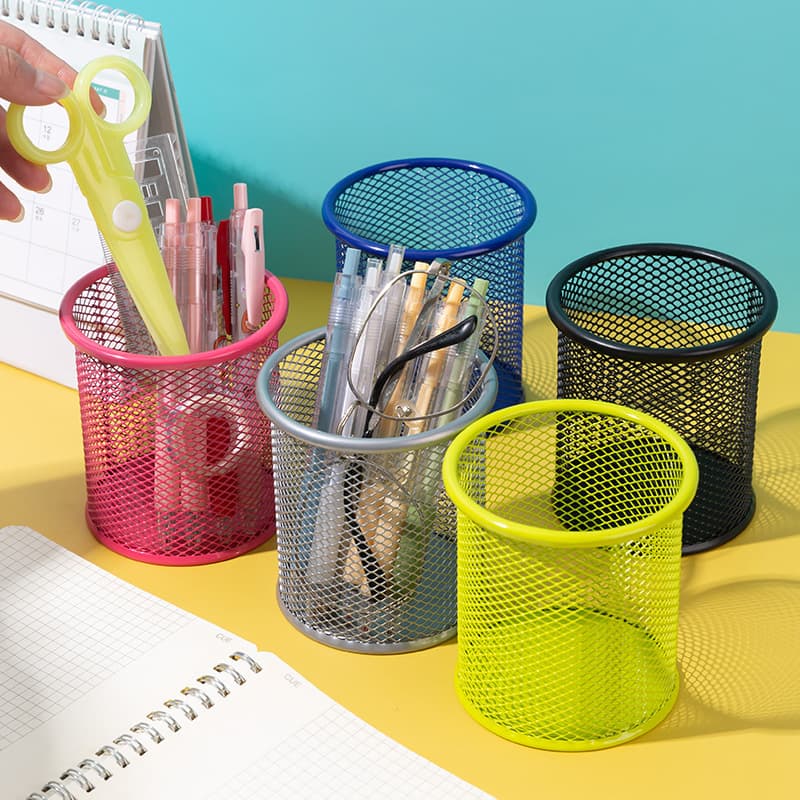 Creative office and student pen holder, iron square multi-functional round pen box, desktop stationery storage grid pen holder