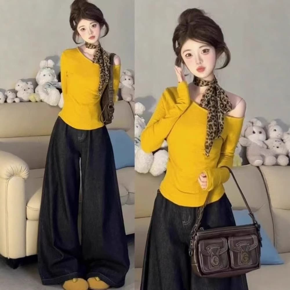 Yellow Off-Shoulder Long-Sleeved T-Shirt for Women Spring 2025 New Slim-Fitting Inner Layering Shirt Unique and Beautiful Slanted Shoulder Top
