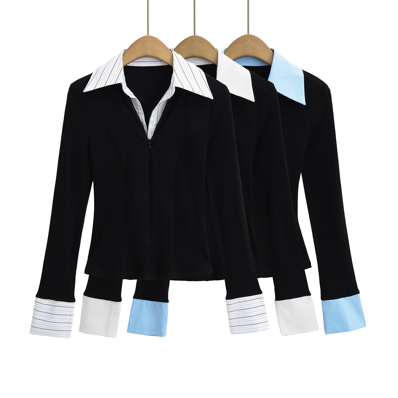 Designed Shirt Collar Fake Two-Piece Long-Sleeved T-Shirt for Women in Spring and Autumn Elegant Sexy Splicing Lapel Slim Top