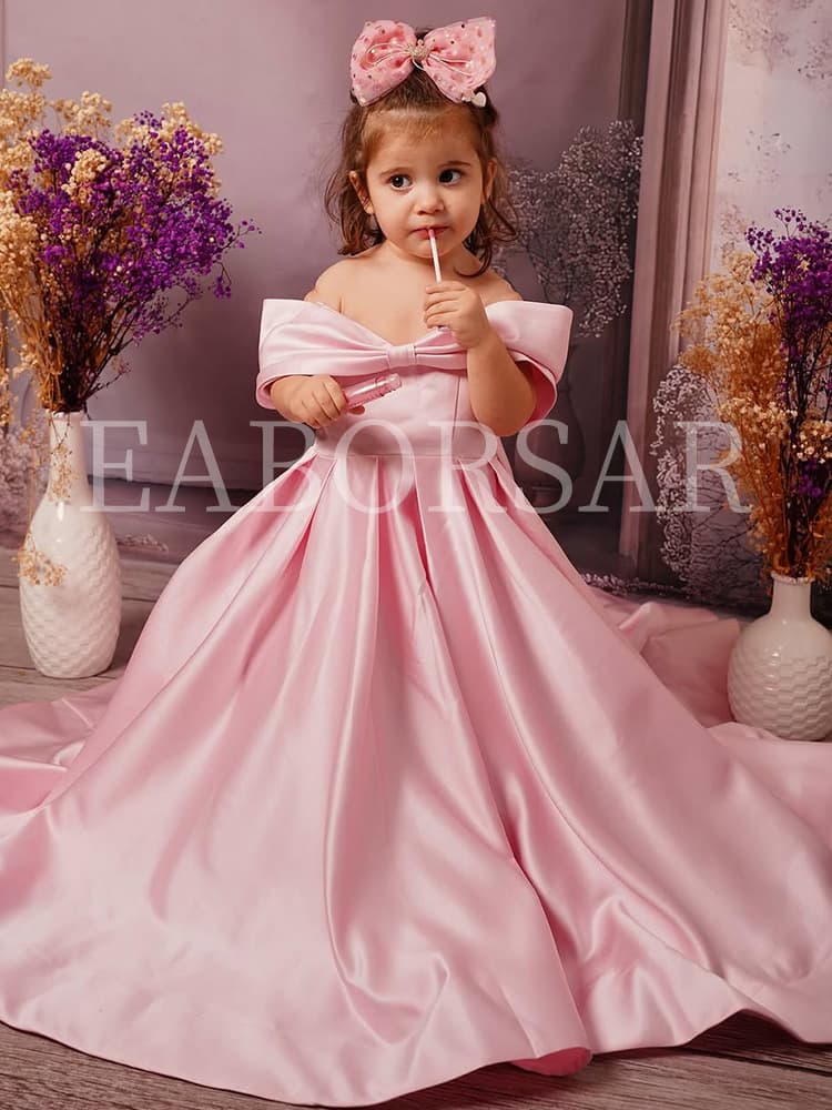 One-Shoulder Satin Princess Dress Pink 2026 New Long Train Children's First Birthday Dress Amazon AliExpress