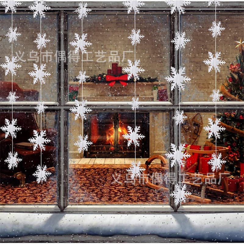 12-Piece 3D Snowflake String Hanging Ornaments, New Year Christmas Snowflake Garland, Winter Snow Scene Window Mall Decoration