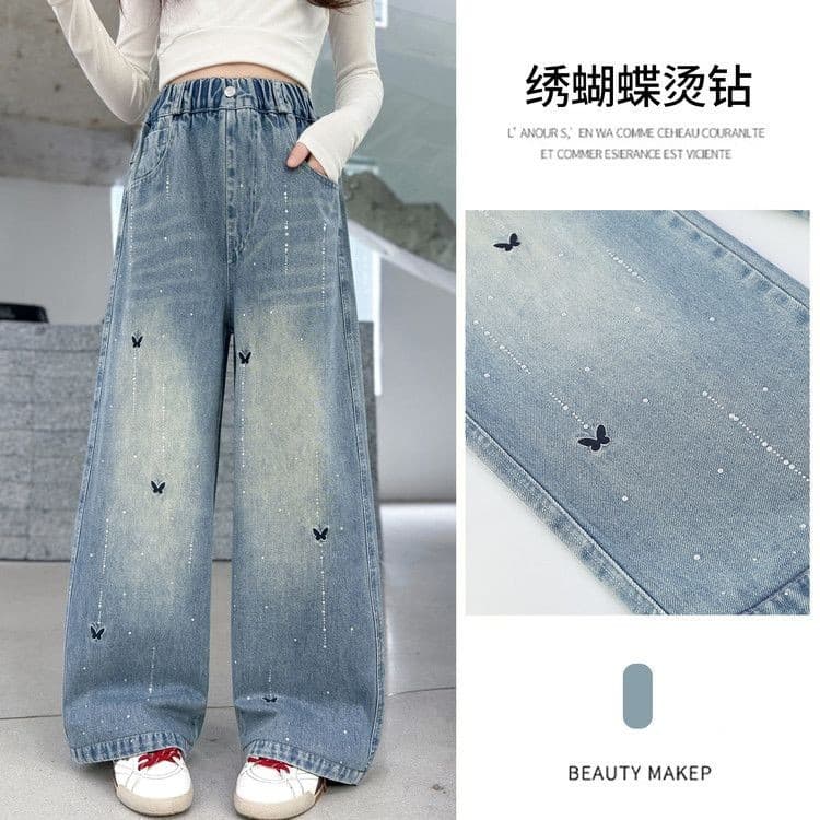 Girls Spring Jeans 2026 New Korean Style Casual Pants for Outdoor Wear, Loose Fit Long Pants with Rhinestone