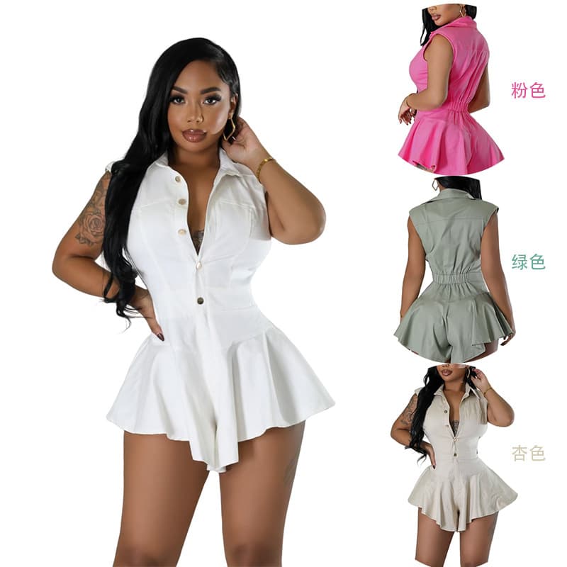 Foreign trade lapel sleeveless buttoned solid color waist jumpsuit skirt pants casual fashion slim simple one-piece women's clothing