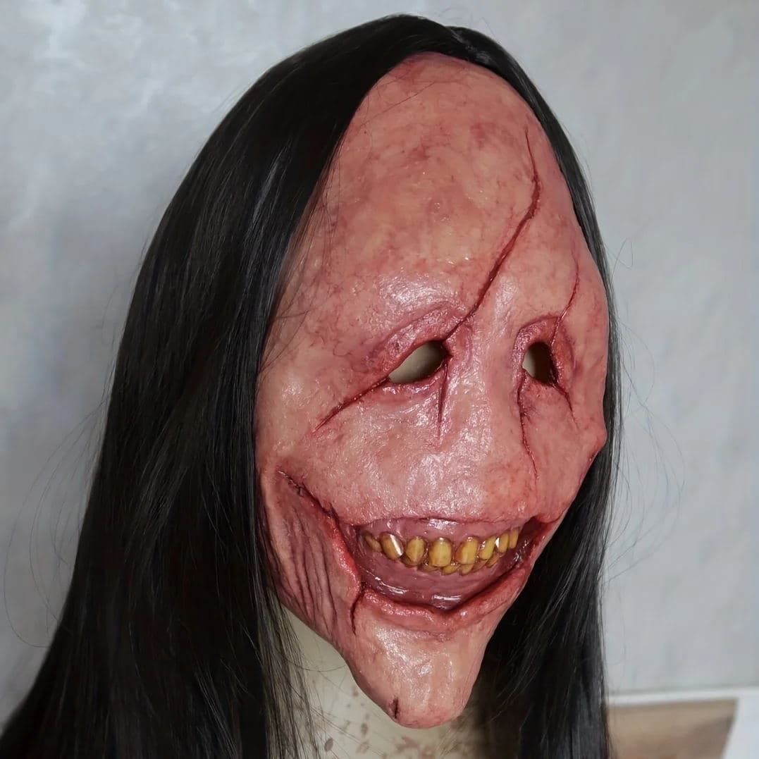 Halloween Scary Long Hair Devil Mask Red Face Demon Mask Exposed Teeth Latex Long Hair