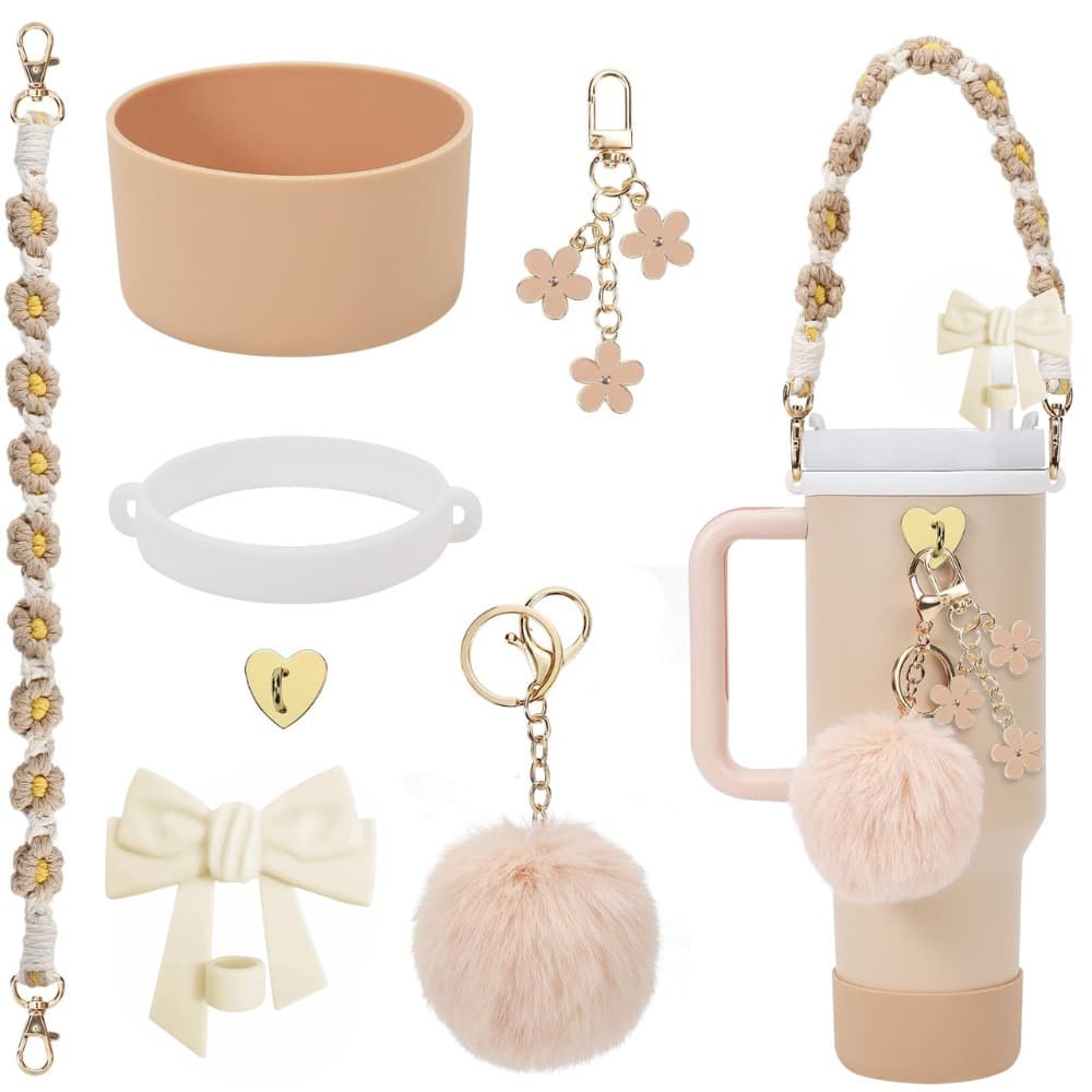 Stanley Cup Accessories: Handle Strap, Silicone Flower Straw Cap, Pom Pom Pendant, Cup Chain, Colorful Cup Sleeve