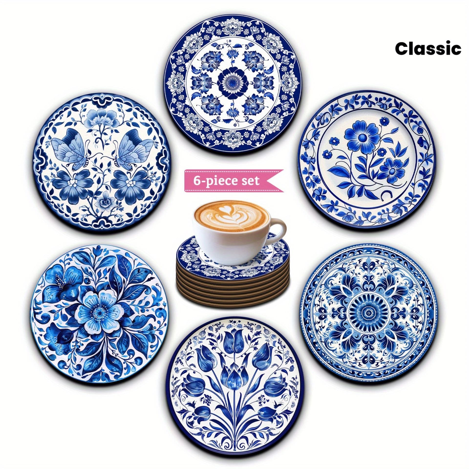 Cross-border hot-selling wooden coaster set, 6-piece classical blue-green wooden coasters, wooden crafts bestseller