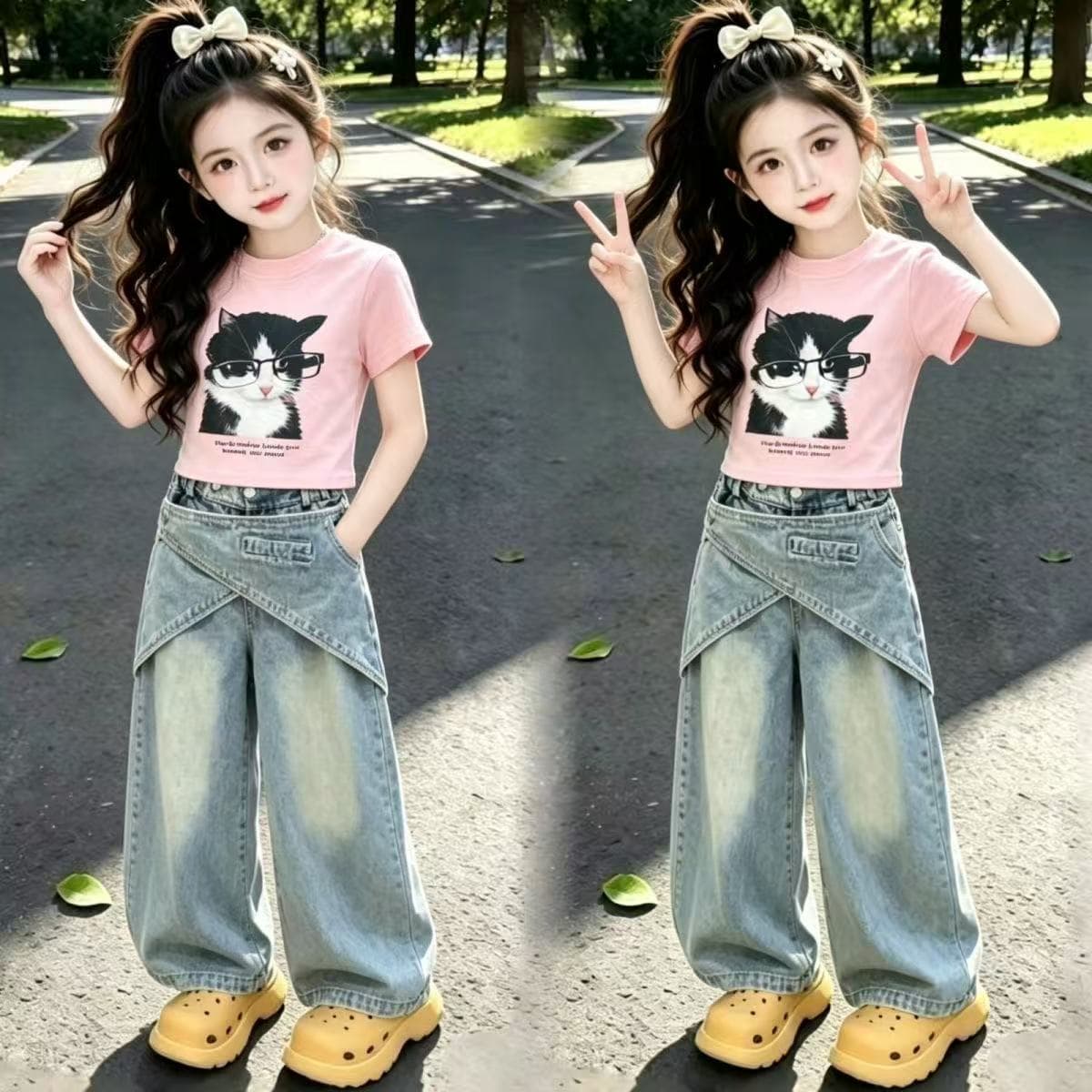 Girls' Pants Summer Set 2026 New Style Older Kids Street Dance Cool Jeans Children's Short Sleeve Two-Piece Set Trendy