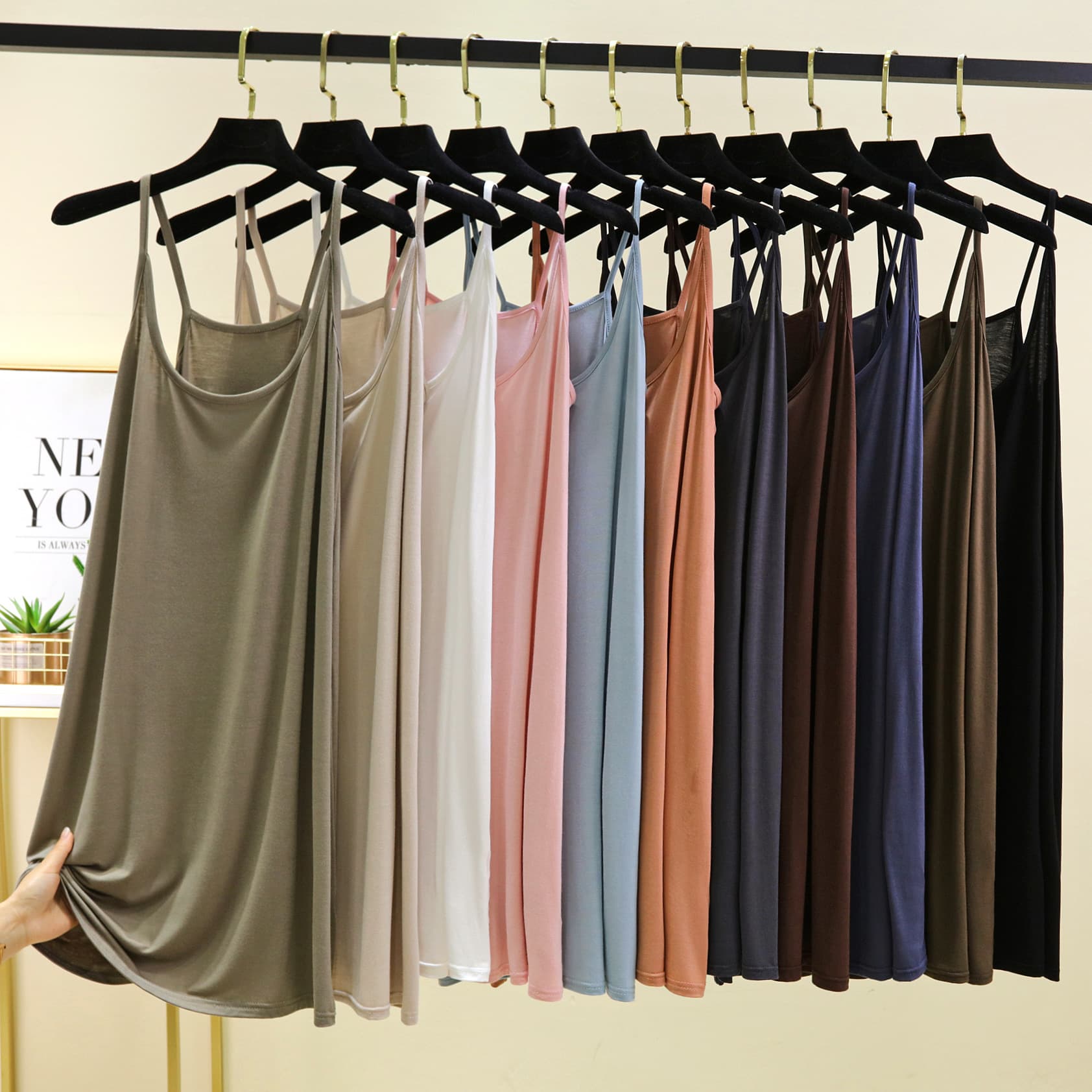 Modal Mid-Length Suspender Skirt Women's Summer Thin Bottoming Skirt Loose Round Neck A-Line Dress Pure Color Nightgown
