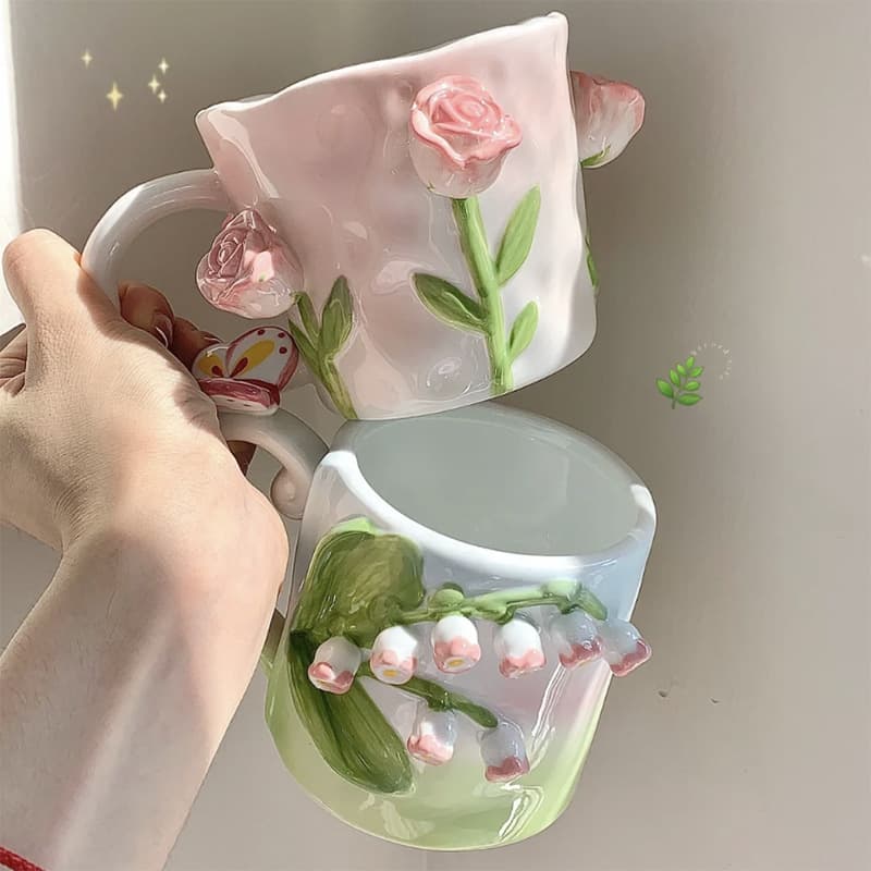 Tulip Girl Heart Hand-Painted Tulip Rose 3D Floating Flower Feel Bestie Ceramic Mug