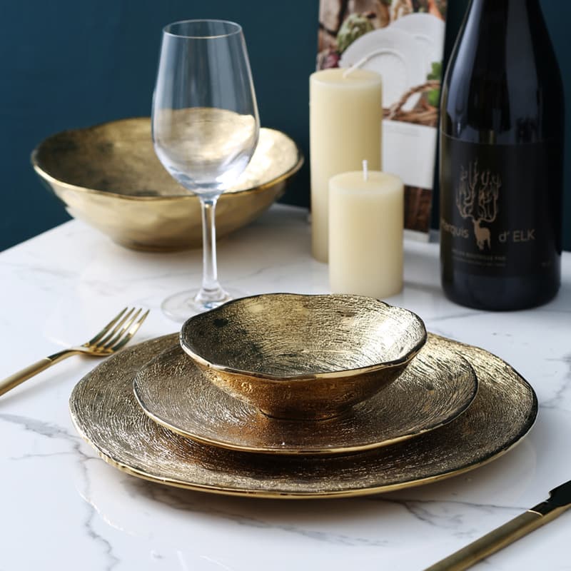 Nordic Minimalist Frosted Gold-Plated Ceramic Plate, Home Hotel Craft Processed Golden Electroplated Brushed Irregular Bowl