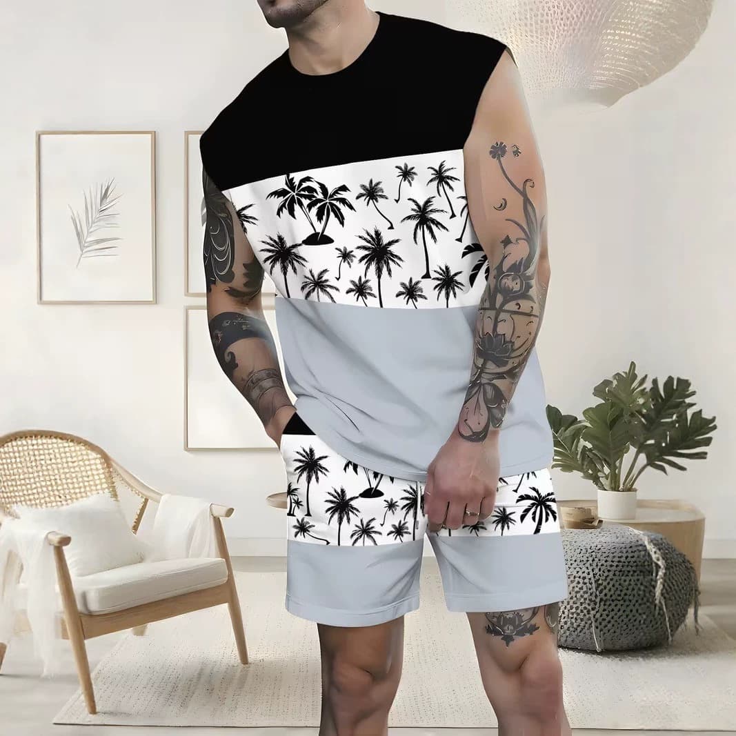 Cross-border Temu American-style 3D Print Men's Tank Top Sleeveless Shorts Set Casual Sports Tank Top and Shorts Two-Piece Set