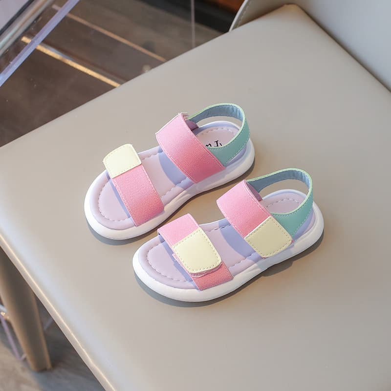 Children's Sandals 2026 Summer Korean Style Open-Toe Soft Sole Beach Shoes for Girls, Princess Color-Block Velcro Shoes