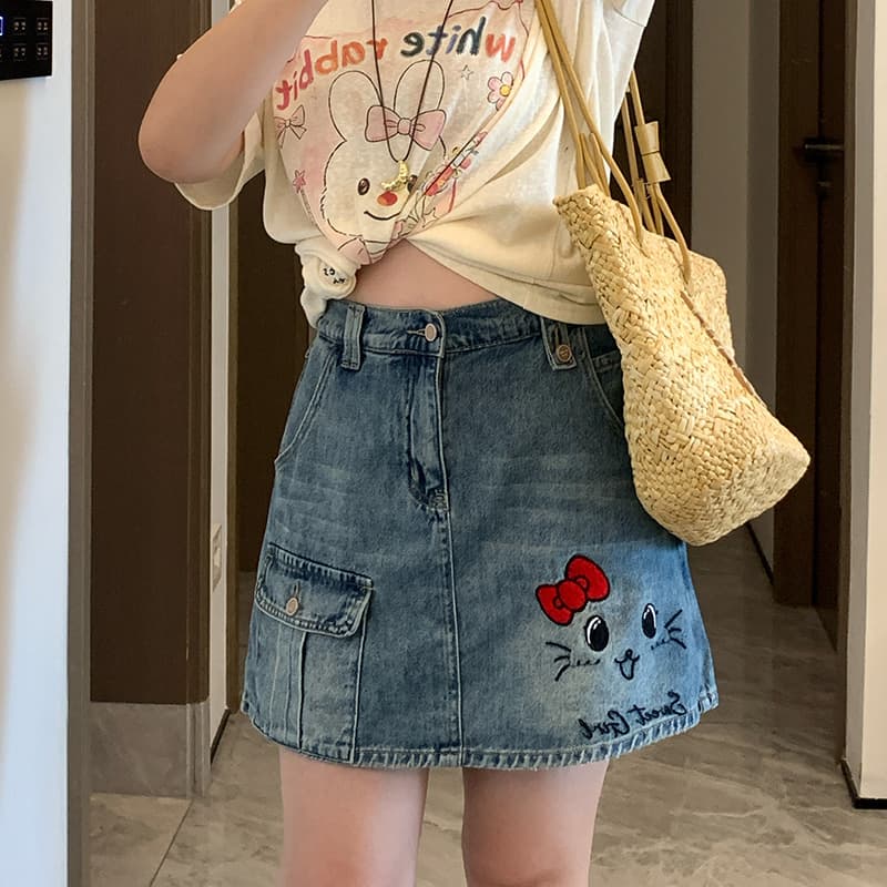 DD2026 Summer New Plus Size Women's 200 lbs Plus Size Casual Cute Cartoon Denim Skirt Shorts YC528