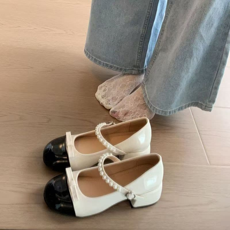 Pearl French Color-Block Chunky Heel Mary Jane Shoes for Women 2026 Summer New Style with Dresses Low-Cut Inner Height Increase
