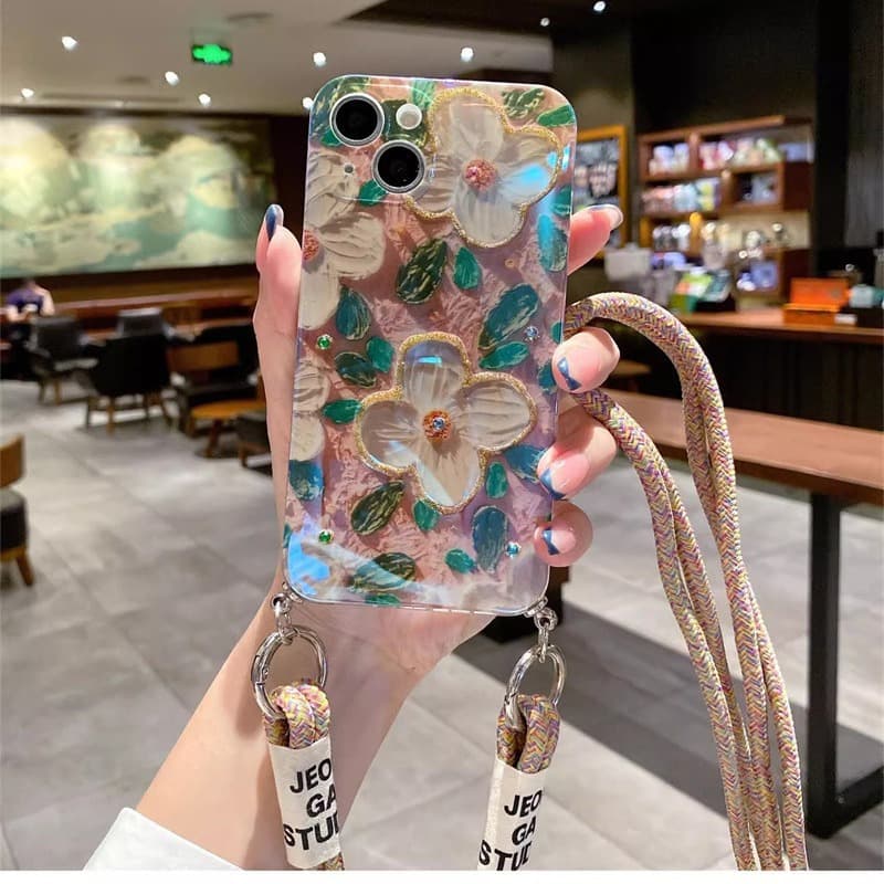 Blue Diamond Painting Oil Painting Camellia Flower Phone Case for Apple 14 Pro Max, Foreign Trade Colorful Flower 13/12/11